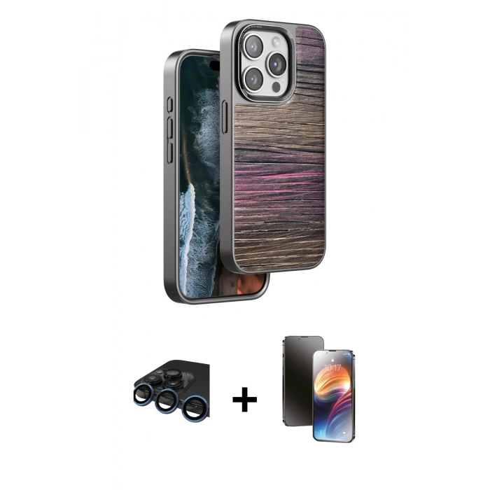 MARSİLYAN™- iPhone 15 Pro Kılıf Atlas Minimal Özel Seri - Siyah 3D Antistatik Mat Seramik Nano Ekran Koruyucu + Raze Metal Kamera Lens - LT