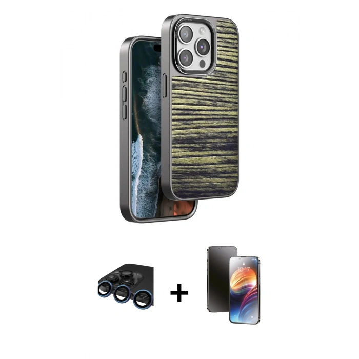 MARSİLYAN™- iPhone 15 Pro Kılıf Atlas Minimal Özel Seri - Siyah 3D Antistatik Mat Seramik Nano Ekran Koruyucu + Raze Metal Kamera Lens - LT