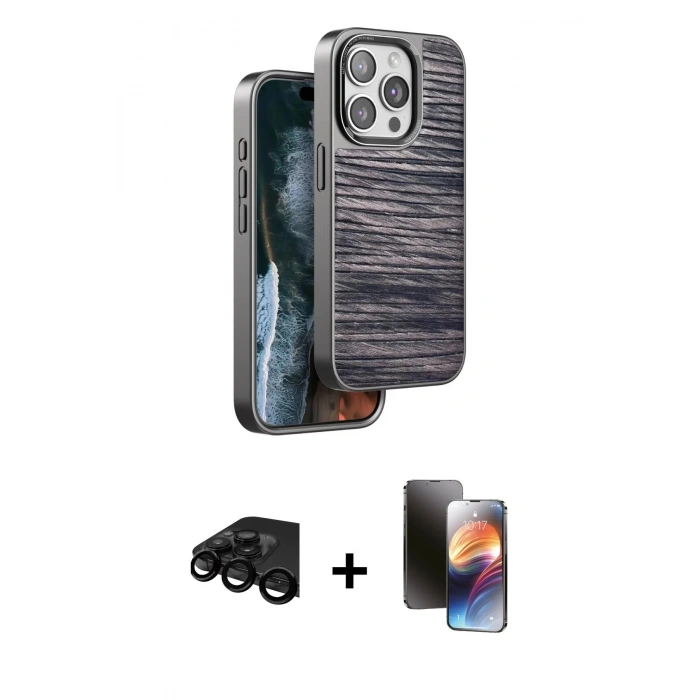 MARSİLYAN™- iPhone 15 Pro Kılıf Atlas Minimal Özel Seri - Siyah 3D Antistatik Mat Seramik Nano Ekran Koruyucu + Raze Metal Kamera Lens - SH