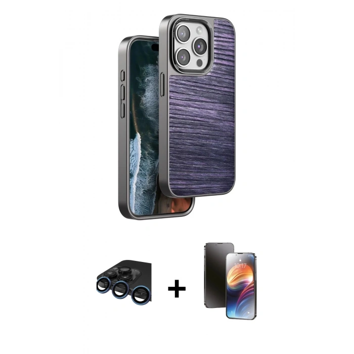 MARSİLYAN™- iPhone 15 Pro Kılıf Atlas Minimal Özel Seri - Siyah 3D Antistatik Mat Seramik Nano Ekran Koruyucu + Raze Metal Kamera Lens - LT