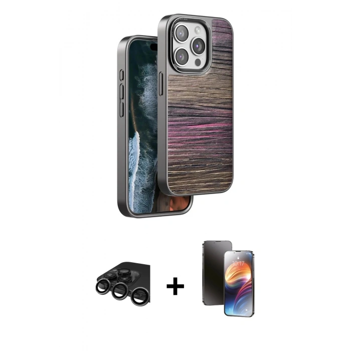 MARSİLYAN™- iPhone 15 Pro Kılıf Atlas Minimal Özel Seri - Siyah 3D Antistatik Mat Seramik Nano Ekran Koruyucu + Raze Metal Kamera Lens - TMGI