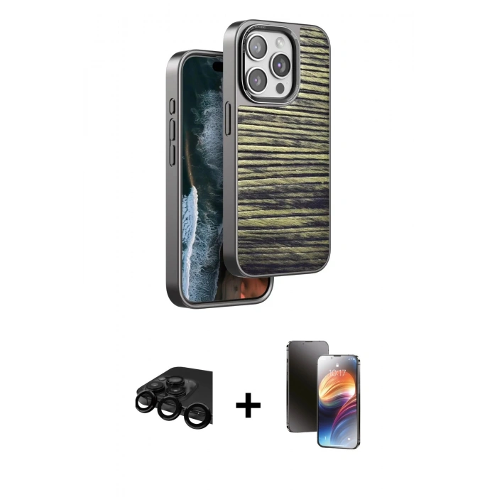 MARSİLYAN™- iPhone 15 Pro Kılıf Atlas Minimal Özel Seri - Siyah 3D Antistatik Mat Seramik Nano Ekran Koruyucu + Raze Metal Kamera Lens - SH