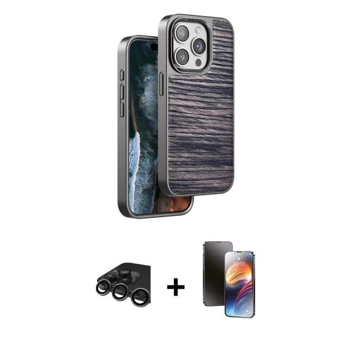 MARSİLYAN™- iPhone 15 Pro Kılıf Atlas Minimal Özel Seri - Siyah 3D Antistatik Mat Seramik Nano Ekran Koruyucu + Raze Metal Kamera Lens - TMGI