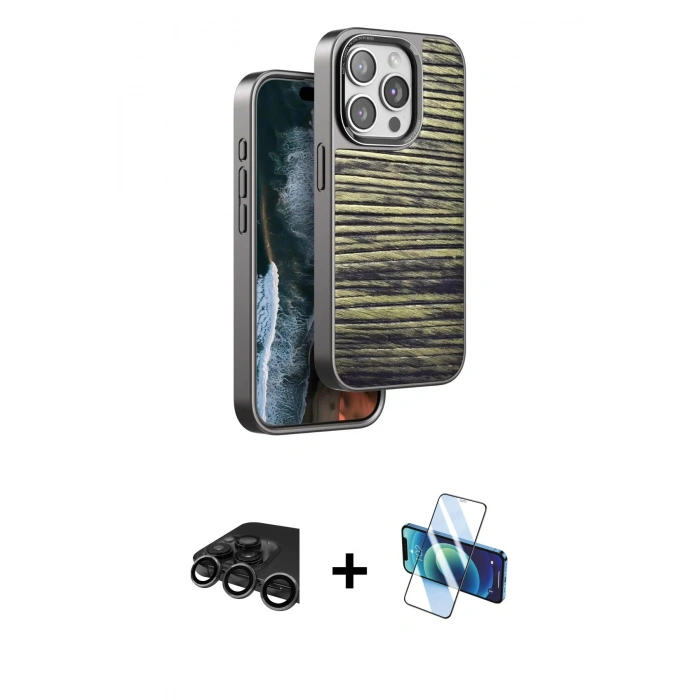 MARSİLYAN™- iPhone 15 Pro Kılıf Atlas Minimal Özel Seri - Siyah 3D Antistatik Seramik Nano Ekran Koruyucu + Raze Metal Kamera Lens - TMGI