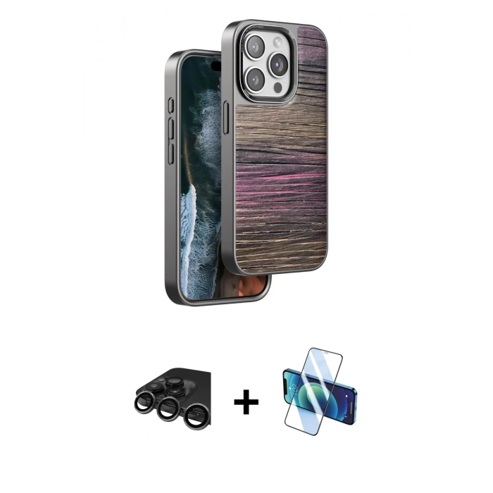 MARSİLYAN™- iPhone 15 Pro Kılıf Atlas Minimal Özel Seri - Siyah 3D Antistatik Seramik Nano Ekran Koruyucu + Raze Metal Kamera Lens - TMGI