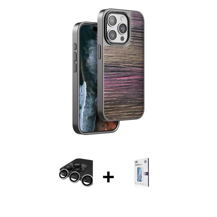 MARSİLYAN™- iPhone 15 Pro Kılıf Atlas Minimal Özel Seri - Siyah Bilvis 0.18mm Plus Cam Ekran Koruyucu + Gümüş Raze Metal Kamera Lens