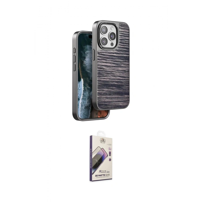 MARSİLYAN™- iPhone 15 Pro Kılıf Atlas Minimal Özel Seri - Siyah Bilvis 3D Mat Cam Ekran Koruyucu