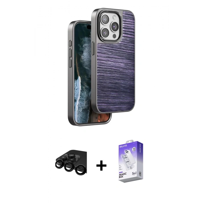 MARSİLYAN™- iPhone 15 Pro Kılıf Atlas Minimal Özel Seri - Siyah Bilvis 5in1 3D Magic Cam Ekran Koruyucu + Raze Metal Kamera Lens - SH