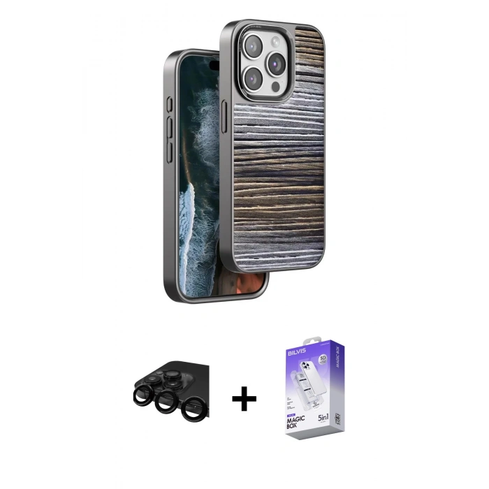MARSİLYAN™- iPhone 15 Pro Kılıf Atlas Minimal Özel Seri - Siyah Bilvis 5in1 3D Magic Cam Ekran Koruyucu + Raze Metal Kamera Lens - SH