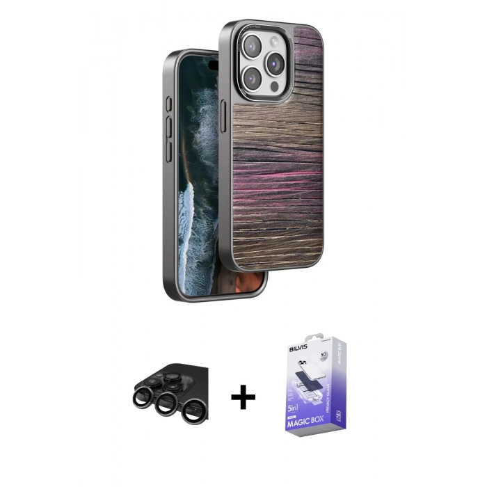MARSİLYAN™- iPhone 15 Pro Kılıf Atlas Minimal Özel Seri - Siyah Bilvis 5in1 5D Magic Hayalet Cam Ekran Koruyucu + Titanyum Gri Raze Metal Kamera Lens