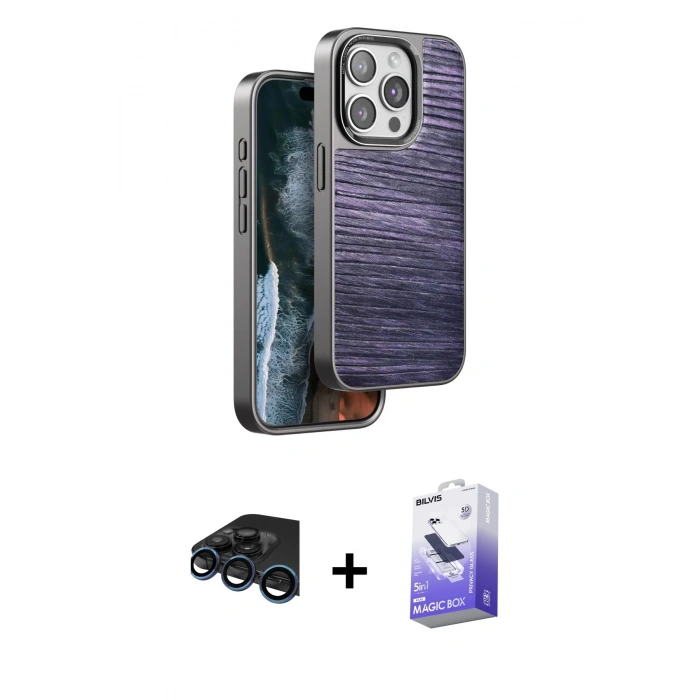 MARSİLYAN™- iPhone 15 Pro Kılıf Atlas Minimal Özel Seri - Siyah Bilvis 5in1 5D Magic Hayalet Cam Ekran Koruyucu + Raze Metal Kamera Lens - LT