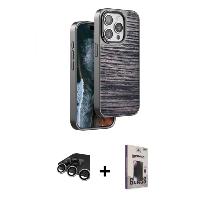 MARSİLYAN™- iPhone 15 Pro Kılıf Atlas Minimal Özel Seri - Siyah Bilvis Hayalet Cam Ekran Koruyucu + Raze Metal Kamera Lens - GS