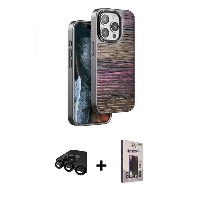 MARSİLYAN™- iPhone 15 Pro Kılıf Atlas Minimal Özel Seri - Siyah Bilvis Hayalet Cam Ekran Koruyucu + Raze Metal Kamera Lens - SH