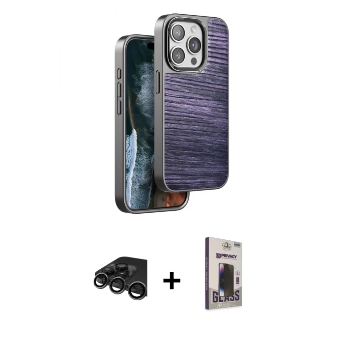 MARSİLYAN™- iPhone 15 Pro Kılıf Atlas Minimal Özel Seri - Siyah Bilvis Hayalet Cam Ekran Koruyucu + Raze Metal Kamera Lens - TMGI