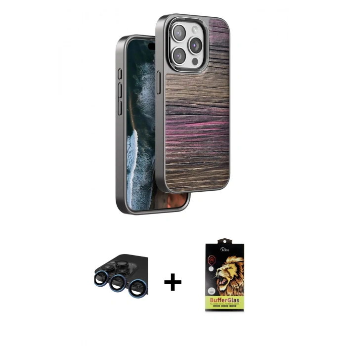 MARSİLYAN™- iPhone 15 Pro Kılıf Atlas Minimal Özel Seri - Siyah Buffer Cam Ekran Koruyucu + Raze Metal Kamera Lens - LT