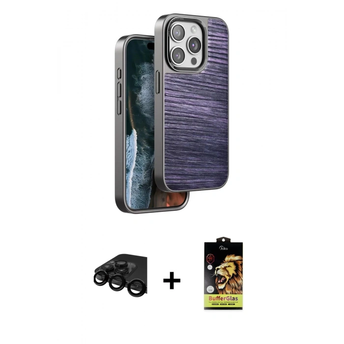 MARSİLYAN™- iPhone 15 Pro Kılıf Atlas Minimal Özel Seri - Siyah Buffer Cam Ekran Koruyucu + Siyah Raze Metal Kamera Lens
