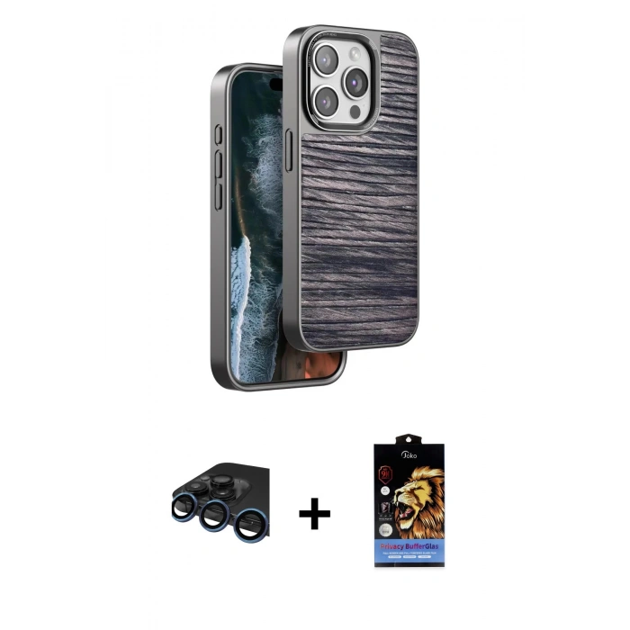 MARSİLYAN™- iPhone 15 Pro Kılıf Atlas Minimal Özel Seri - Siyah Buffer Hayalet Cam Ekran Koruyucu + Raze Metal Kamera Lens - LT