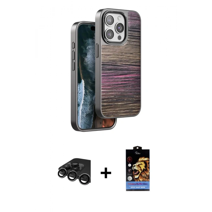 MARSİLYAN™- iPhone 15 Pro Kılıf Atlas Minimal Özel Seri - Siyah Buffer Hayalet Cam Ekran Koruyucu + Raze Metal Kamera Lens - TMGI
