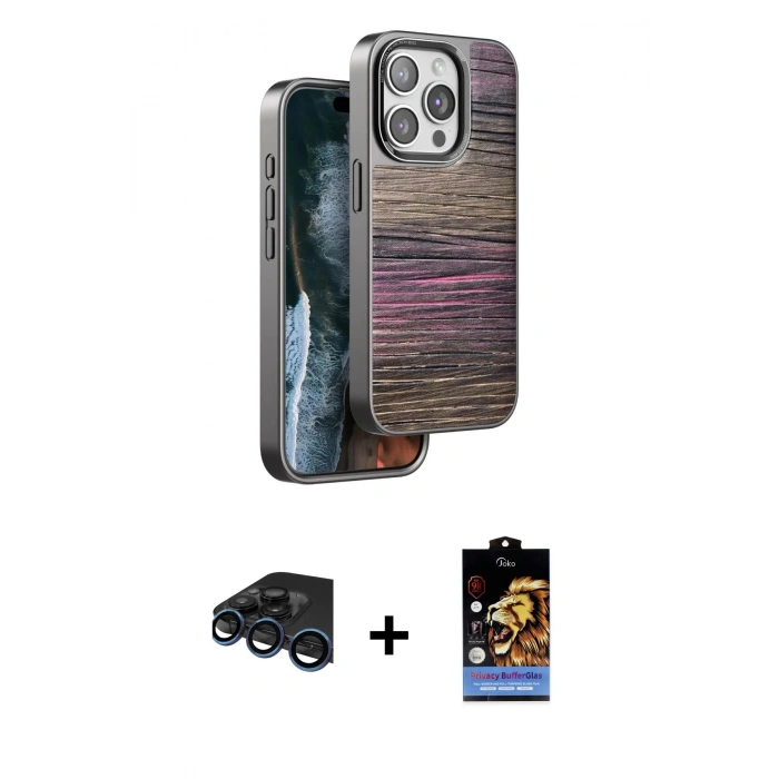 MARSİLYAN™- iPhone 15 Pro Kılıf Atlas Minimal Özel Seri - Siyah Buffer Hayalet Cam Ekran Koruyucu + Raze Metal Kamera Lens - LT