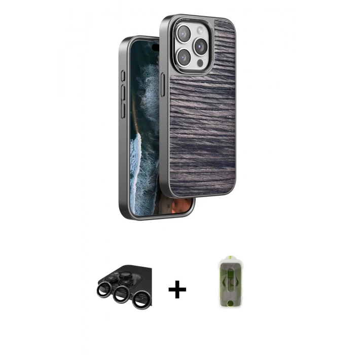 MARSİLYAN™- iPhone 15 Pro Kılıf Atlas Minimal Özel Seri - Siyah Joko Magic 5D Hayalet Cam + Raze Metal Kamera Lens - TMGI