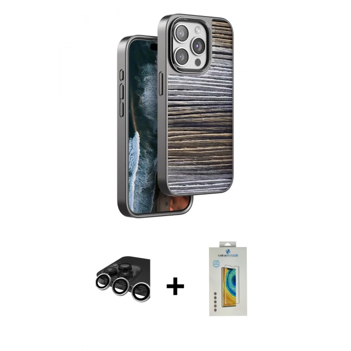 MARSİLYAN™- iPhone 15 Pro Kılıf Atlas Minimal Özel Seri - Siyah Polymer Nano Ekran Koruyucu + Raze Metal Kamera Lens - GS