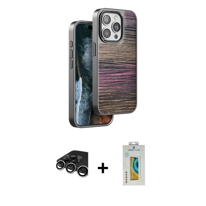 MARSİLYAN™- iPhone 15 Pro Kılıf Atlas Minimal Özel Seri - Siyah Polymer Nano Ekran Koruyucu + Raze Metal Kamera Lens - GS