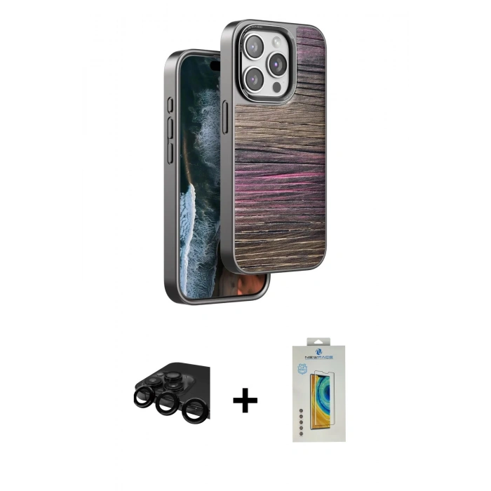 MARSİLYAN™- iPhone 15 Pro Kılıf Atlas Minimal Özel Seri - Siyah Polymer Nano Ekran Koruyucu + Raze Metal Kamera Lens - SH