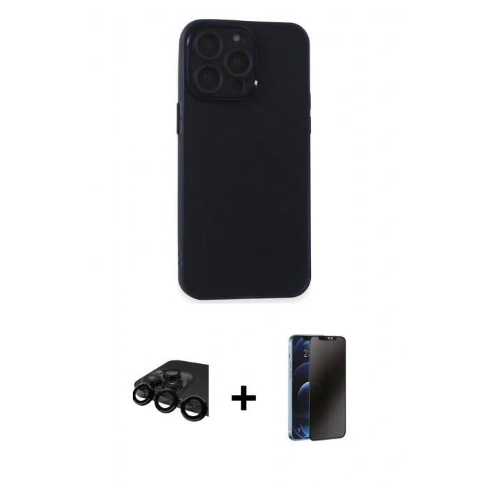 MARSİLYAN™- iPhone 15 Pro Kılıf Atlas Minimal Prime - Siyah 3D Antistatik Hayalet Cam Ekran Koruyucu + Raze Metal Kamera Lens - SH