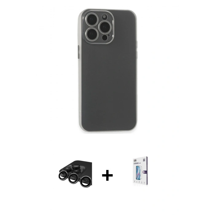 MARSİLYAN™- iPhone 15 Pro Kılıf Atlas Minimal Prime - Siyah Bilvis 0.18mm Plus Cam Ekran Koruyucu + Raze Metal Kamera Lens - TMGI