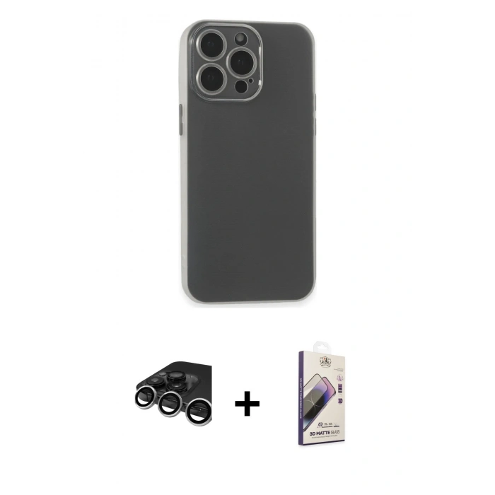 MARSİLYAN™- iPhone 15 Pro Kılıf Atlas Minimal Prime - Siyah Bilvis 3D Mat Cam Ekran Koruyucu + Raze Metal Kamera Lens - GS