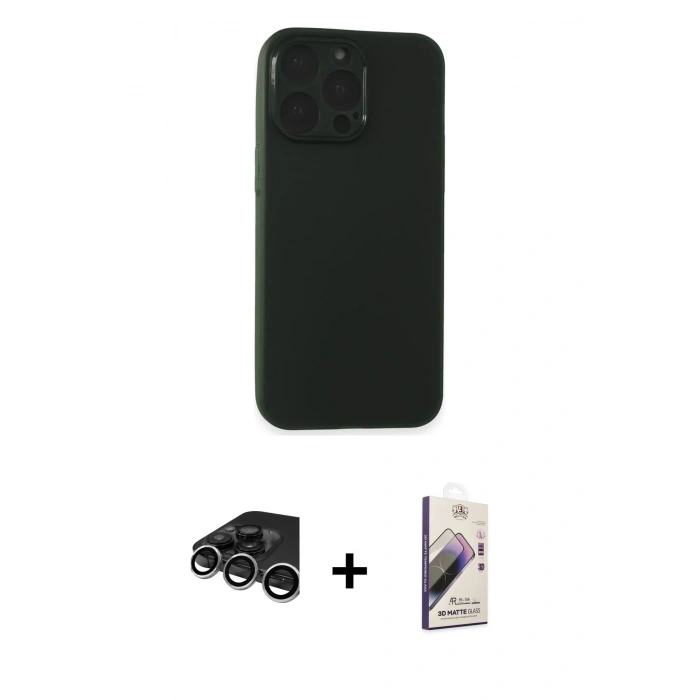 MARSİLYAN™- iPhone 15 Pro Kılıf Atlas Minimal Prime - Siyah Bilvis 3D Mat Cam Ekran Koruyucu + Raze Metal Kamera Lens - GS