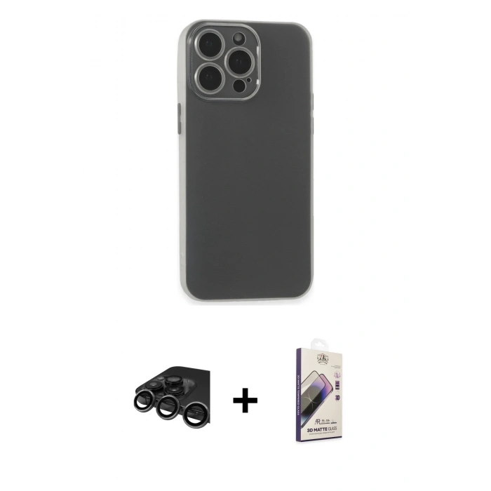 MARSİLYAN™- iPhone 15 Pro Kılıf Atlas Minimal Prime - Siyah Bilvis 3D Mat Cam Ekran Koruyucu + Titanyum Gri Raze Metal Kamera Lens