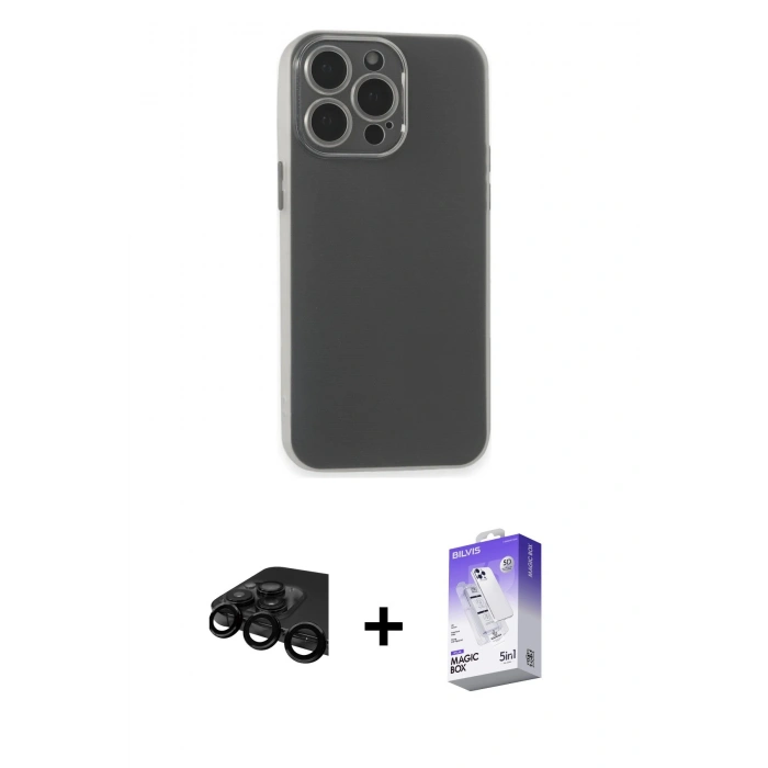 MARSİLYAN™- iPhone 15 Pro Kılıf Atlas Minimal Prime - Siyah Bilvis 5in1 3D Magic Cam Ekran Koruyucu + Raze Metal Kamera Lens - SH