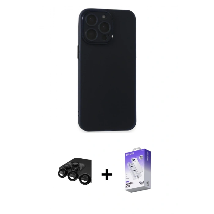 MARSİLYAN™- iPhone 15 Pro Kılıf Atlas Minimal Prime - Siyah Bilvis 5in1 3D Magic Cam Ekran Koruyucu + Raze Metal Kamera Lens - SH
