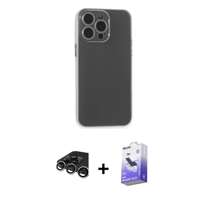 MARSİLYAN™- iPhone 15 Pro Kılıf Atlas Minimal Prime - Siyah Bilvis 5in1 5D Magic Hayalet Cam Ekran Koruyucu + Gümüş Raze Metal Kamera Lens