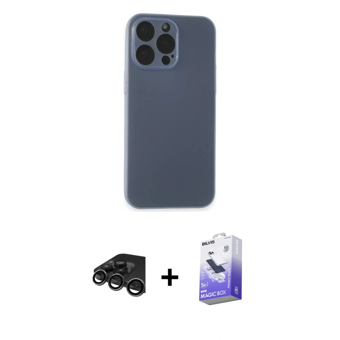 MARSİLYAN™- iPhone 15 Pro Kılıf Atlas Minimal Prime - Siyah Bilvis 5in1 5D Magic Hayalet Cam Ekran Koruyucu + Raze Metal Kamera Lens - TMGI