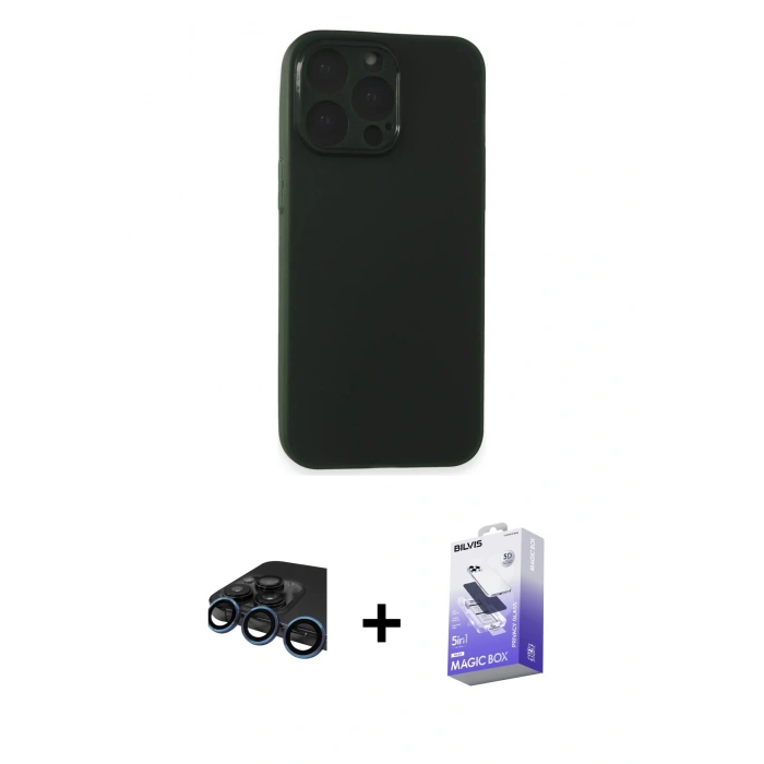 MARSİLYAN™- iPhone 15 Pro Kılıf Atlas Minimal Prime - Siyah Bilvis 5in1 5D Magic Hayalet Cam Ekran Koruyucu + Raze Metal Kamera Lens - LT