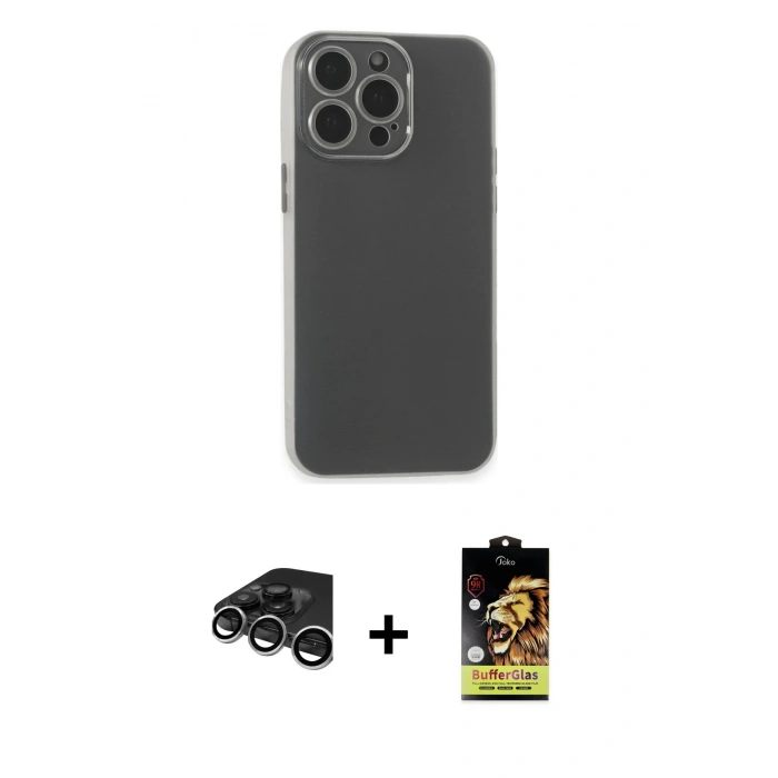 MARSİLYAN™- iPhone 15 Pro Kılıf Atlas Minimal Prime - Siyah Buffer Cam Ekran Koruyucu + Raze Metal Kamera Lens - GS