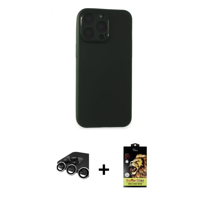 MARSİLYAN™- iPhone 15 Pro Kılıf Atlas Minimal Prime - Siyah Buffer Cam Ekran Koruyucu + Raze Metal Kamera Lens - GS