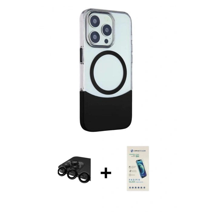 MARSİLYAN™- iPhone 15 Pro Kılıf Çekirdek Asil Özel Seri - Şeffaf Pasifik Cam Ekran Koruyucu + Raze Metal Kamera Lens - SH