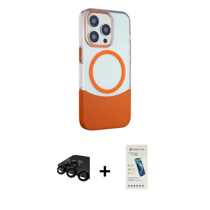 MARSİLYAN™- iPhone 15 Pro Kılıf Çekirdek Asil Özel Seri - Şeffaf Pasifik Cam Ekran Koruyucu + Raze Metal Kamera Lens - SH