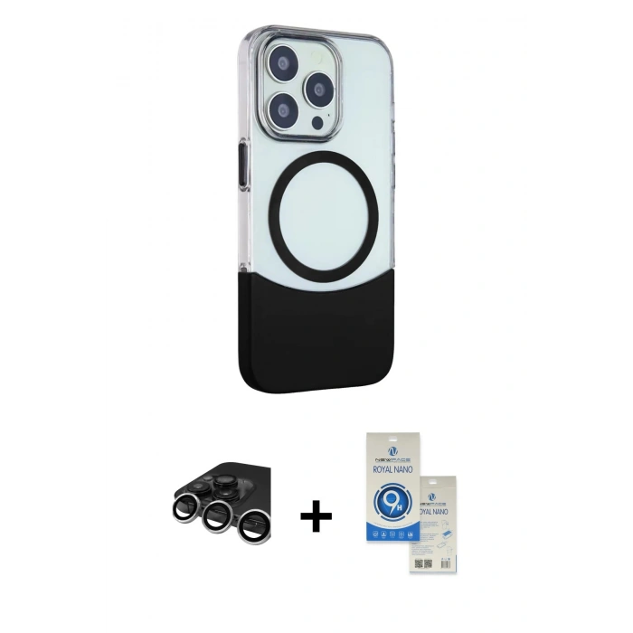 MARSİLYAN™- iPhone 15 Pro Kılıf Çekirdek Asil Özel Seri - Şeffaf Royal Nano Ekran Koruyucu + Raze Metal Kamera Lens - GS