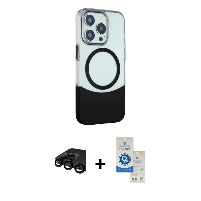 MARSİLYAN™- iPhone 15 Pro Kılıf Çekirdek Asil Özel Seri - Şeffaf Royal Nano Ekran Koruyucu + Raze Metal Kamera Lens - SH