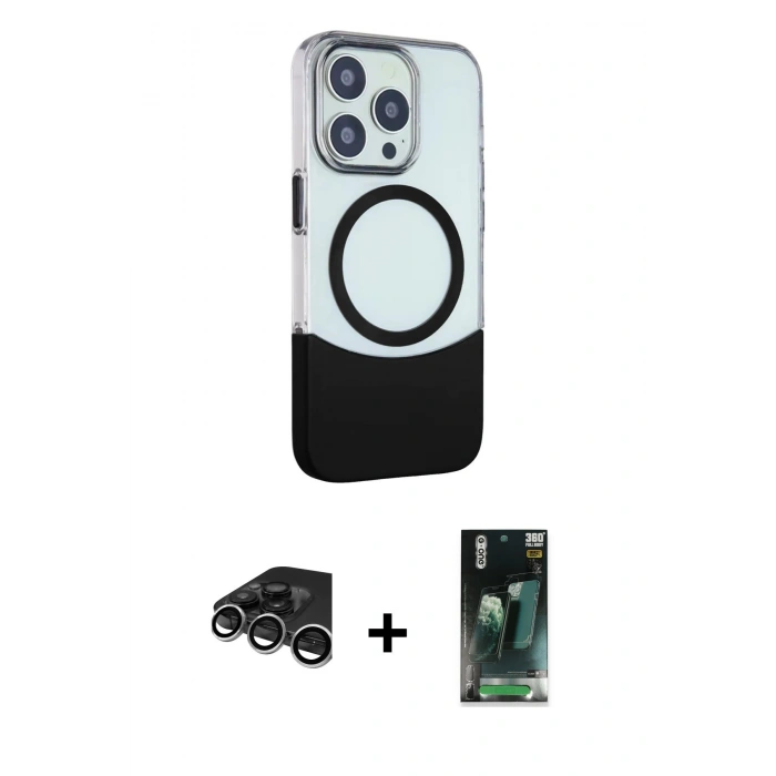 MARSİLYAN™- iPhone 15 Pro Kılıf Çekirdek Asil Özel Seri - Siyah 360 Mat Full Body Arka Koruyucu + Raze Metal Kamera Lens - GS