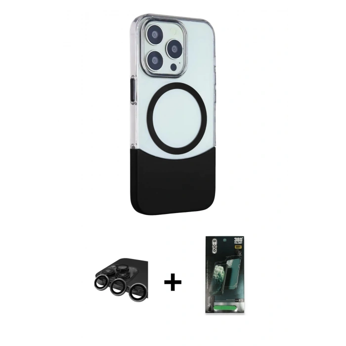 MARSİLYAN™- iPhone 15 Pro Kılıf Çekirdek Asil Özel Seri - Siyah 360 Mat Full Body Arka Koruyucu + Raze Metal Kamera Lens - TMGI