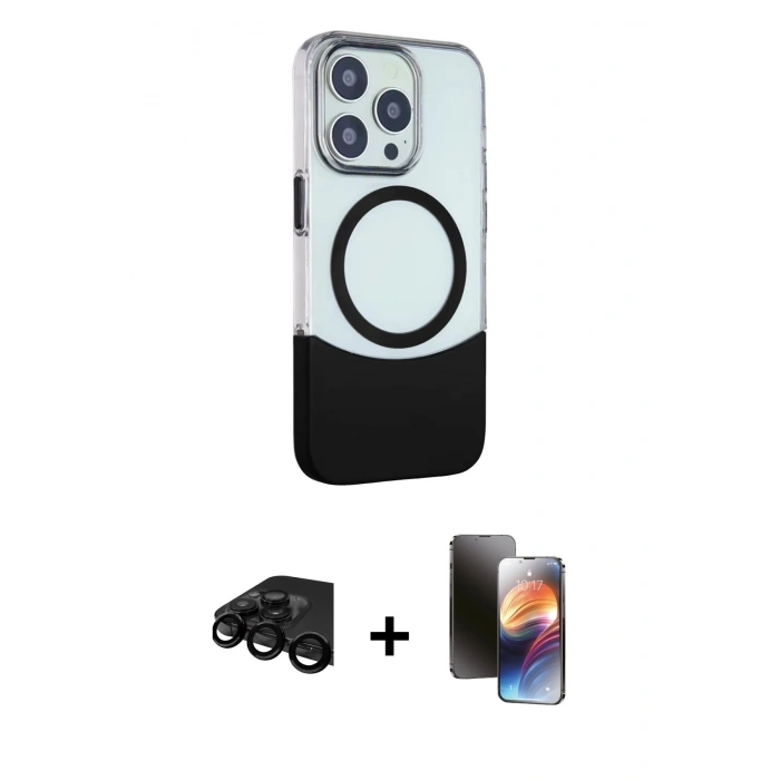 MARSİLYAN™- iPhone 15 Pro Kılıf Çekirdek Asil Özel Seri - Siyah 3D Antistatik Mat Seramik Nano Ekran Koruyucu + Raze Metal Kamera Lens - SH