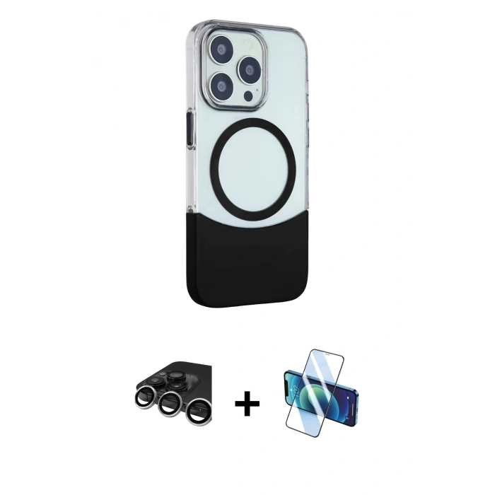 MARSİLYAN™- iPhone 15 Pro Kılıf Çekirdek Asil Özel Seri - Siyah 3D Antistatik Seramik Nano Ekran Koruyucu + Raze Metal Kamera Lens - GS