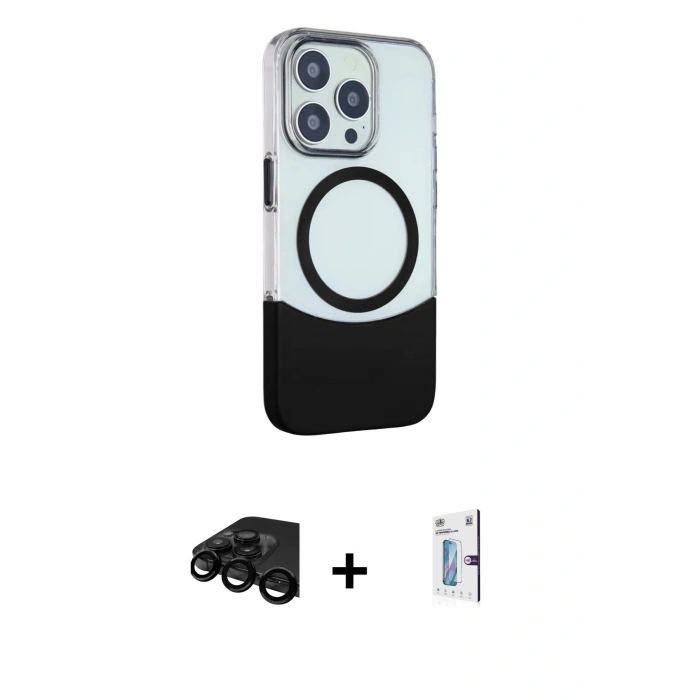 MARSİLYAN™- iPhone 15 Pro Kılıf Çekirdek Asil Özel Seri - Siyah Bilvis 0.18mm Plus Cam Ekran Koruyucu + Raze Metal Kamera Lens - SH