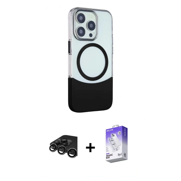 MARSİLYAN™- iPhone 15 Pro Kılıf Çekirdek Asil Özel Seri - Siyah Bilvis 5in1 3D Magic Cam Ekran Koruyucu + Raze Metal Kamera Lens - TMGI