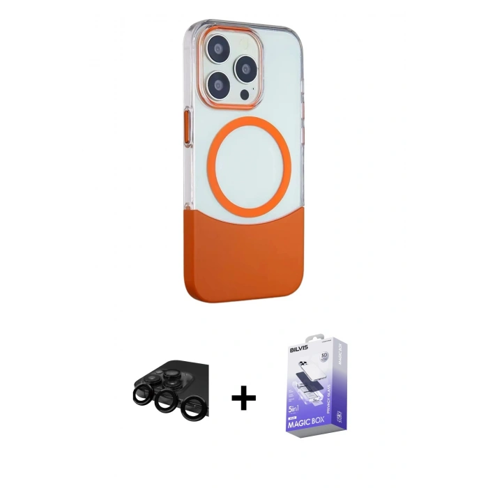 MARSİLYAN™- iPhone 15 Pro Kılıf Çekirdek Asil Özel Seri - Siyah Bilvis 5in1 5D Magic Hayalet Cam Ekran Koruyucu + Raze Metal Kamera Lens - SH